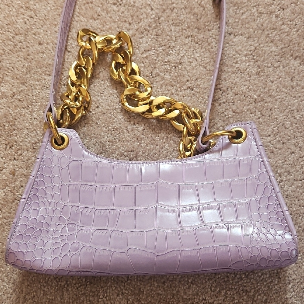 Lavender Croc-Embossed Bag with Gold Chain - Picture 3 of 4